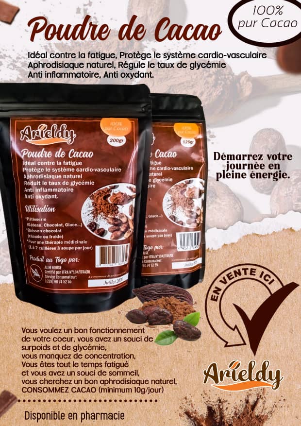 Sachets de poudre de cacao Arieldy avec certification ITRA visible sur l'étiquette